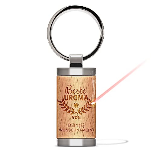 Personalisierter Schlüsselanhänger mit Gravur - Beste Uroma von Wunschnamen - personalisiertes Geschenk für Uroma zum Geburtstag | 24 x 48 mm, Metall-Anhänger mit Echtholz, Lasergravur von PR Print Royal