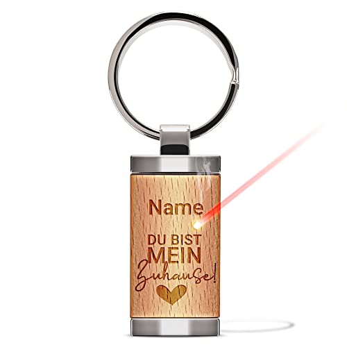 Personalisierter Schlüsselanhänger mit Gravur - Du bist Mein Zuhause - mit Name personalisiertes Geschenk für Partner zum Geburtstag | 24 x 48 mm, Metall-Anhänger mit Echtholz, Lasergravur von PR Print Royal