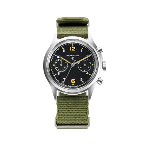 PRAESIDUS The PAC-76 Herren Militär Chronograph Uhr 38 mm gelbe Indexe schwarzes Zifferblatt Edelstahl Bonklip/Leder/Canvas Armband, Schwarzes Zifferblatt, grünes Nylonband, Militär PRAESIDUS The PAC-76 Herren Militär Chronograph Uhr 38 mm gelbe Indexe schwarzes Zifferblatt Edelstahl Bonklip/Leder/Canvas Armband, Schwarzes Zifferblatt, grünes Nylonband, Militär von PRAESIDUS