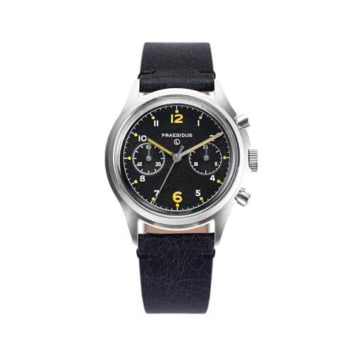 PRAESIDUS The PAC-76 Herren Militär Chronograph Uhr 38 mm gelbe Indexe schwarzes Zifferblatt Edelstahl Bonklip/Leder/Canvas Armband, Schwarzes Zifferblatt, schwarzes Lederband, Militär PRAESIDUS The PAC-76 Herren Militär Chronograph Uhr 38 mm gelbe Indexe schwarzes Zifferblatt Edelstahl Bonklip/Leder/Canvas Armband, Schwarzes Zifferblatt, schwarzes Lederband, Militär von PRAESIDUS