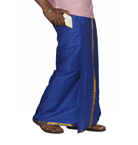 PRAKASAM COTTON Herren Jari Dhoti mit passendem Jari-Handtuch, Blau, blau, 48 von PRAKASAM COTTON