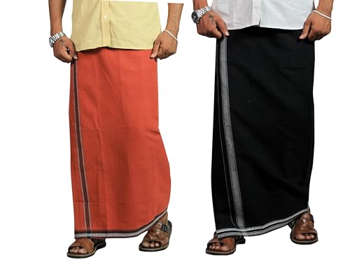 Prakasam Cotton Herren Farbe Thalapathi Bordüre Single Dhoti/Größe 1,28 x 2,00 m/Kombi-Pack mit 2 Dhoties, Schwarz-Kaavi von PRAKASAM COTTON