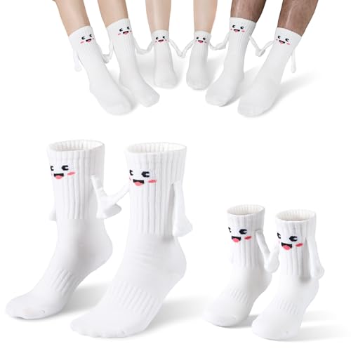 PRAOAHEI Magnetische Socken mit Händen Halten Hände Familiensocken mit Magnetarmen Lustige Geschenke Eltern-Kind für Kinder Mama Papa 2 Parr Weiß, Erwachsene Einheitsgröße+Kinder Klein von PRAOAHEI
