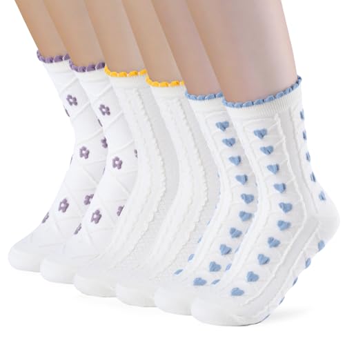 PRAOAHEI Socken mit Rüschen Damen 6 Paar Crew Premium Baumwolle Strick Gestrickt Weich Atmungsaktiv Süßes Geschenk für Frauen Mädchen Creme Weiß Blume, Blau+Lila+Gelb von PRAOAHEI