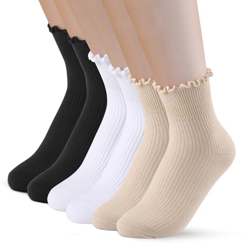 PRAOAHEI Socken mit Rüschen Damen 6 Paar Crew Premium-Baumwolle Stricken Gestrickt Weiche Atmungsaktive Niedlich Geschenk für Frauen Mädchen Liebhaber Geliebte, Schwarz+Weiß+Aprikose von PRAOAHEI