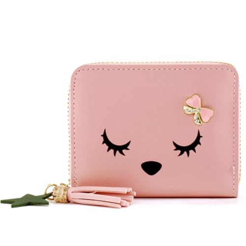 PRAOFRT Kinder Geldbeutel, Geldbeutel Mädchen, PU Leder Mini Geldbörse mit Quaste, Reißverschluss, Wasserbeständig, Cartoon Pink von PRAOFRT