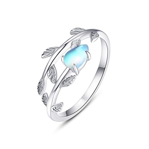 PRAYMOS 925 Silber Mondstein Ring für Damen Frauen Offen Verstellbar Ringe Blatt Ring Zirkonia Wassertropfen Schmuck für Sie von PRAYMOS