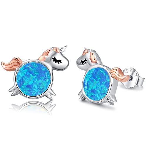 Einhorn Ohrringe für Mädchen Ohrringe Silber 925 Mädchen Ohrstecker Einhorn Rosegold mit Brillant Opal Piercing (B-Einhorn Ohrringe) von PRAYMOS