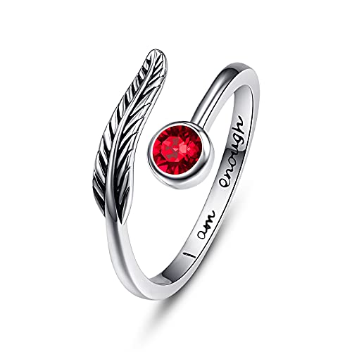 Geburtsstein Damen Verstellbarer Ring 925 Sterling silber Feder ring Birthstone Schmuck Geburtstag Geschenk für Frauen Mädchen (B-ruby) von PRAYMOS