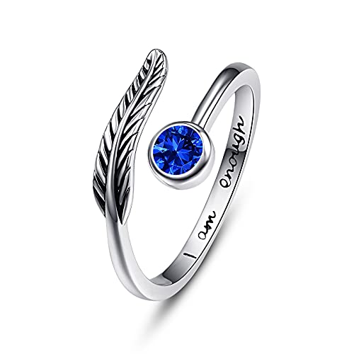 Geburtsstein Damen Verstellbarer Ring 925 Sterling silber Feder ring Birthstone Schmuck Geburtstag Geschenk für Frauen Mädchen (D-sapphire) von PRAYMOS