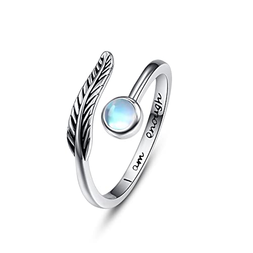 Geburtsstein Damen Verstellbarer Ring 925 Sterling silber Feder ring Birthstone Schmuck Geburtstag Geschenk für Frauen Mädchen (G-moonstone) von PRAYMOS