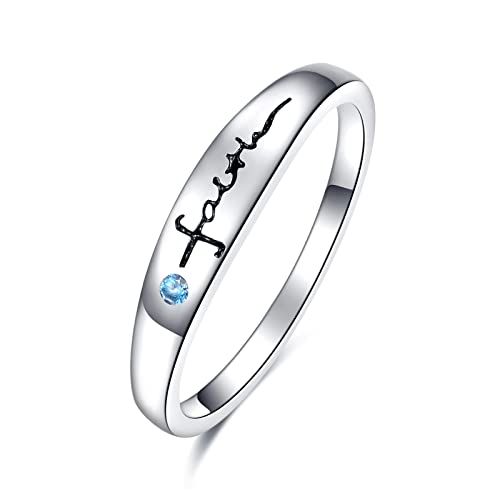 Glaube Ringe 925 Sterling Silber Blauer Zirkonia Finger Ring Gravierter Schmuck Geburtstags Geschenke für Damen Frauen Mädchen Herren Männer (Einheitsgröße: 18/56.5) von PRAYMOS