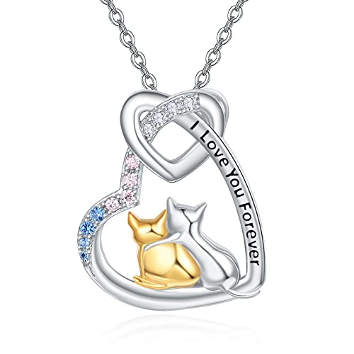 PRAYMOS Katze Halskette 925 Sterling Silber Tier Katzen Herz Anhänger Schmuck Geburtstag Geschenke für Damen Frauen Mädchen Mama Tochter Gravur „I love you forever“ von PRAYMOS