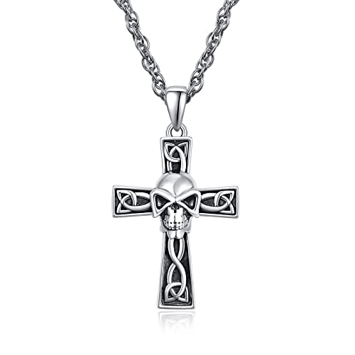 PRAYMOS Kreuz Kette Keltische Knoten Halskette 925 Sterling Silber Totenkopf Anhänger Kette Irisch Keltischer Schmuck Geschenke für Herren Frauen(A-keltische Halskette) von PRAYMOS