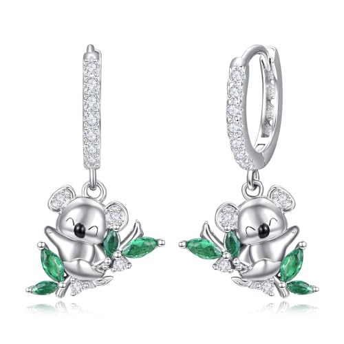 Ohrhänger 925er Sterlingsilber für Damen Elefanten/Schildkröten/Libelle/Panda/Schmetterlings/Einhorn/Fuchs/Schläger/Koala/Waschbär/Faultier Ohrringe Schmuck Geschenke für Mädchen (09-Koala) von PRAYMOS