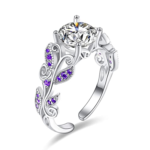PRAYMOS Amethyst Ring 925 Sterling Silber Blatt Ringe Verstellbare Daumen Ringe für Frauen Braut Rundschliff Hochzeit Verlobung Ewigkeit Valentinstag Versprechen Ring von PRAYMOS