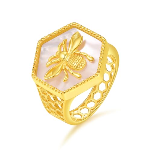 Bienenring Sechseck Gold Fett Honigbiene Siegelring Klobiger Ring Geometrischer Ring Perlmutt Statement Ring Größe 9 von PRAYMOS