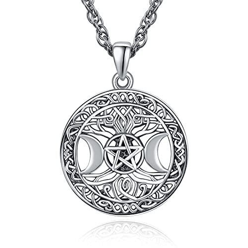 PRAYMOS Dreifache Mondgöttin Halskette 925 Sterling Silber Lebensbaum Pentagramm Pentagramm Halskette für Frauen Männer Wicca Schmuck Weihnachtsgeschenke von PRAYMOS