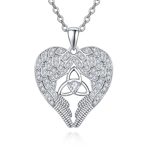 PRAYMOS Engelsflügel Halskette 925 Sterling Silber Keltischer Knoten Wächter Anhänger Kette Funkelnder Zirkonia Schmuck Geburtstags Geschenk für Damen Frauen Freunde von PRAYMOS