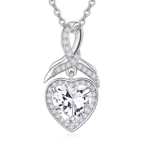 PRAYMOS Herz Kette Silber 925 Herz Anhänger, Kette Mit Herz Cubic Zirkonia April Birthstone Herz Kette Damen von PRAYMOS