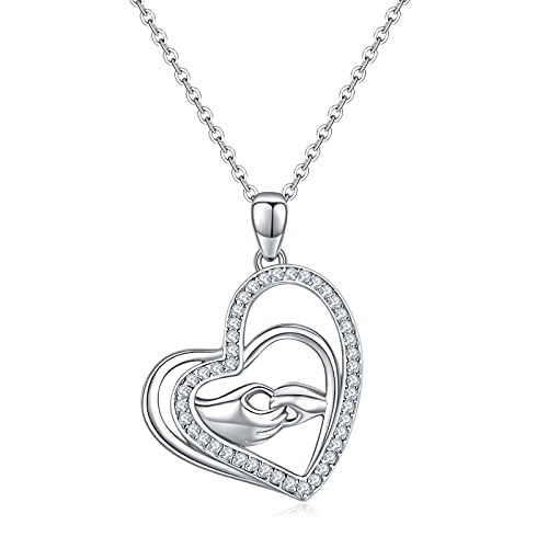 PRAYMOS Damen Kette Halskette 925 Sterling Silber Hände Herz Anhänger Schmuck Geschenke für Frauen von PRAYMOS