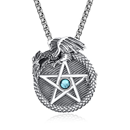 PRAYMOS Pentagramm Drachen Halskette 925 Sterling Silber Vintage Türkis Drachen Anhänger Gothic Amulett Schmuck Geburtstag Weihnachts Geschenke für Herren Damen Unisex, 22+2'' Edelstahlkette von PRAYMOS