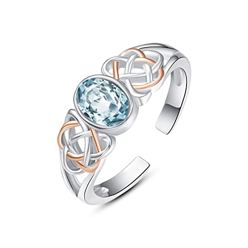 PRAYMOS Blauer Aquamarin 925er Sterlingsilber Geburtsstein ring für März für Frauen und Mädchen Edelsteinring keltischer Knoten Statement Solitär Daumenring ovaler offener Geburtstags schmuck von PRAYMOS