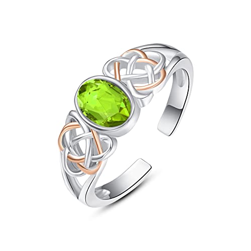 PRAYMOS Ring 925er-Sterlingsilber Geburtssteinring Türkisfarbener moosweißer Opalring für Damen Mädchen keltischer Knoten Offener Verstellbarer Daumenring (B08-Geburtsstein-August-Grüner Peridot) von PRAYMOS