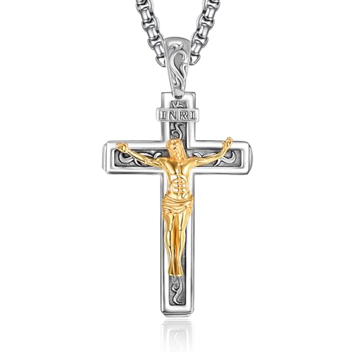 PRAYMOS Katholische Halskette mit Anhänger Jesus Christus auf INRI Kreuz und Kruzifix goldfarben silberfarben für Damen und Herren von PRAYMOS
