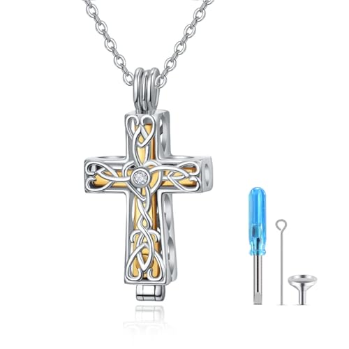 PRAYMOS Asche Anhänger 925 Sterling Silber Urnenketten für Kette Urne Andenken Halskette Memorial Feuerbestattung Schmuck für Frauen Männer Fläschchen Kremation (Gold Kreuz Urne Halskette) von PRAYMOS