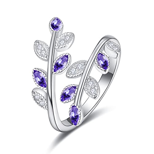 PRAYMOS Zierlich 925er Sterlingsilber Blattringe Regenbogen Verstellbarer Offener Ring für Damen Zirkonia Baum Schmuckgeschenke für Frauen (A08-Violett-Zirkonia-Ring) von PRAYMOS