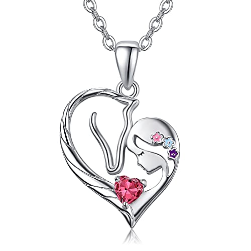 PRAYMOS Pferd Halskette Sterling Silber Herz Geburtsstein Kette Anhänger Pony Geschenk für Damen Frauen Mädchen Freund Pferdeliebhaber (Halskette mit Pferdeanhänge-7) von PRAYMOS