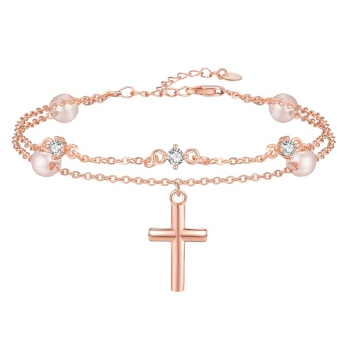 RAYMOS Kreuz Armband Sterling Silber kreuzarmband Rose Gold Zierliche Süßwasser Perlen Armbänder Christliche Religiöse Konfirmation Schmuck Geschenke für Frauen… von PRAYMOS
