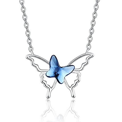 PRAYMOS Schmetterling Halskette Blauer Kristall Anhänger 925 Sterling Silber Ketten Schmuck Geburtstags Geschenke für Damen Frauen Ihre Tochter Frau 18" + 2" Verstellbare Kette von PRAYMOS