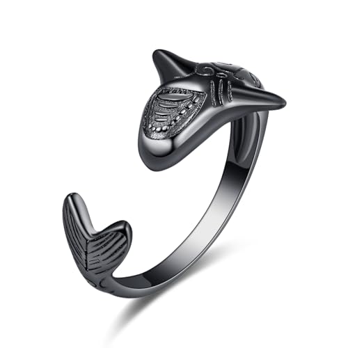 Schwarz Hai Ringe für Damen und Herren Sterling Silber verstellbar Meerestier Fisch riesige Haie offener Stapelring Mittelfingerring Geschenke für beste Freunde von PRAYMOS