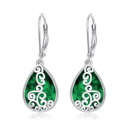 Smaragd Ohrringe mit Geburtsstein Tropfenform Klappverschluss filigraner Haken grüner Ohrring für Frauen trendiger hypoallergener Schmuck 928er Sterlingsilber von PRAYMOS
