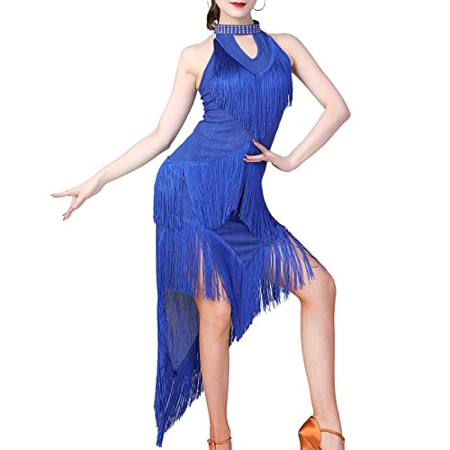 Tanzkleid Damen Latein, Flapper Kleid Pailletten ärmellos Fransen Kleider, 1920s Tanzkleider Salsa Cha Cha Tango Rumba Ballsaal,Blau,XL von PRELGOSP