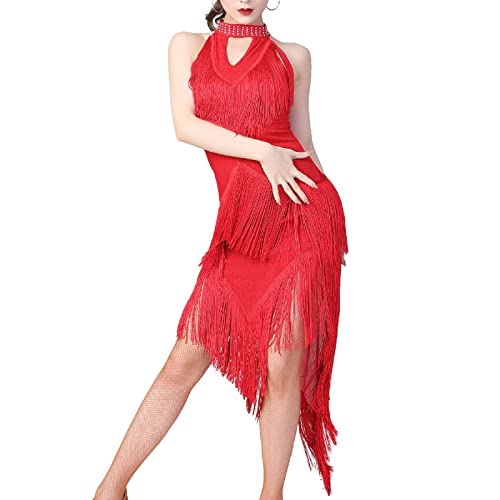 Tanzkleid Damen Latein, Flapper Kleid Pailletten ärmellos Fransen Kleider, 1920s Tanzkleider Salsa Cha Cha Tango Rumba Ballsaal,Rot,M von PRELGOSP