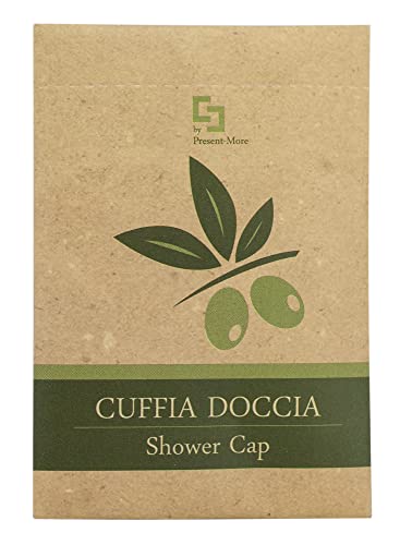 PRESENT-MORE - Einweg-Duschhaube 100 Stück - Linie Beauty Oil - Duschhaube aus Polyethylen mit Gummiband - Umweltfreundliche Verpackung aus Stone Paper - Ideal für Hotels und B&B von PRESENT-MORE