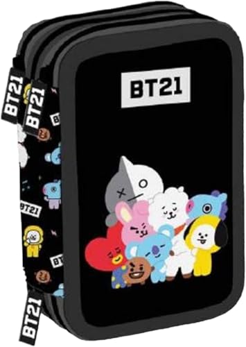 Federmäppchen BT21 Schwarz Grundschule Dreifach-Federmäppchen und Federmäppchen gefüllt mit 18 Buntstiften, 18 Filzstiften und Schreibwaren-Set + Schlüsselanhänger Pfeife und buntem Stift, mehrfarbig, von PRESTIGE & DELUXE