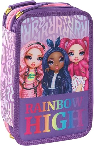 Federmäppchen Rainbow High Lila Grundschule Dreifach-Federmäppchen und Federmäppchen gefüllt mit 18 Buntstiften, 18 Filzstiften und Schreibwaren-Set + Gratis Schlüsselanhänger mit Pailletten und von PRESTIGE & DELUXE