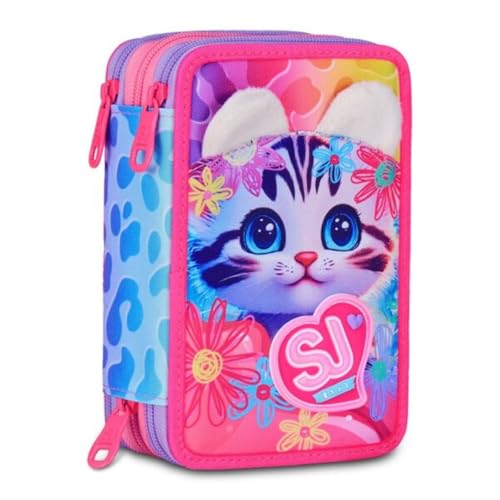 Federmäppchen Sj Girl Gang Seven – Cat & Air Kätzchen Tigrottier – 3 Etagen komplett mit Schreibwaren für Kinder + kostenloser Schlüsselanhänger mit Pailletten und Stift, mehrfarbig von PRESTIGE & DELUXE