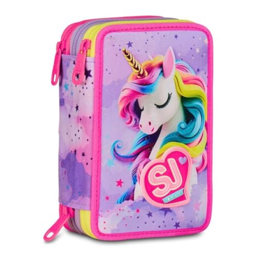Federmäppchen Sj Girl Seven – Fable Journey Einhorn – 3 Etagen komplett mit Schreibwaren für Kinder + kostenloser Schlüsselanhänger mit Pailletten und Stift, mehrfarbig von PRESTIGE & DELUXE