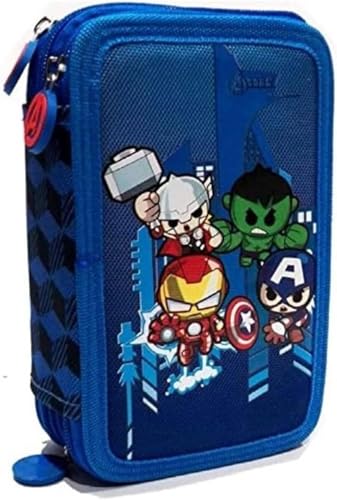 Federmäppchen Super Helden Cartoon Grundschule Dreifach-Federmäppchen Federmäppchen und Federmäppchen gefüllt mit 18 Buntstiften, 18 Filzstiften und Schreibwaren-Set + Schlüsselanhänger Pfeife und von PRESTIGE & DELUXE