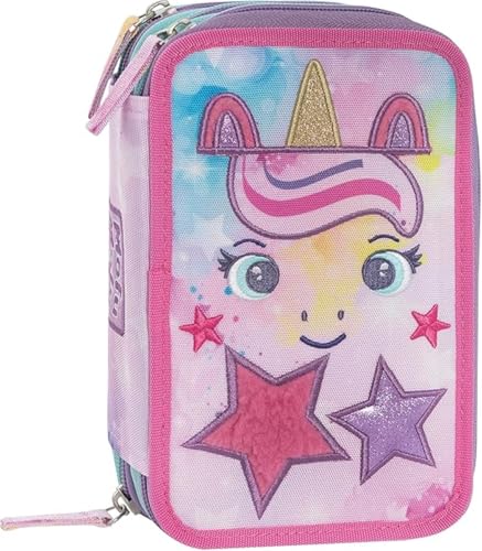 Mofu Federmäppchen Mofu Einhorn rosa Grundschule Dreifach-Federmäppchen mit 18 Buntstiften, 18 Filzstiften und Schreibwaren-Set + Gratis Schlüsselanhänger mit Pailletten und buntem Stift, mehrfarbig, von PRESTIGE & DELUXE