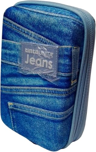PRESTIGE & DELUXE Federmäppchen One Time Linie Jeans hellblau einfarbig Pool Over mit Markern, Buntstiften und Schreibwaren + Schlüsselanhänger mit Pfeife, mehrfarbig, Etui von PRESTIGE & DELUXE