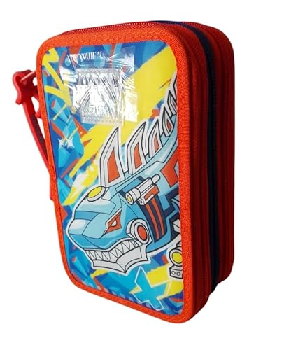 PRESTIGE & DELUXE Federmäppchen Shark Hai Uni – 3 Etagen komplett mit Schreibwaren für Kinder + Schlüsselanhänger Pfeife und mehrfarbiger Stift von PRESTIGE & DELUXE