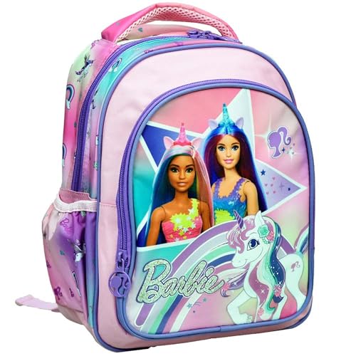 PRESTIGE & DELUXE Mini-Kinderrucksack kompatibel mit Barbie Einhorn für Mädchen, Maße: 30 x 25 x 15 cm + Schlüsselanhänger mit Pailletten, mehrfarbig, S, Klassisch von PRESTIGE & DELUXE