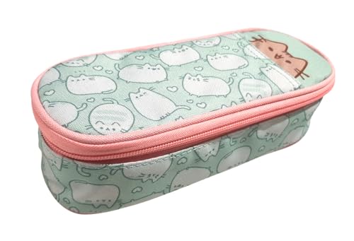 PRESTIGE & DELUXE Pushen Federmäppchen oval Kätzchen für die Schule, ideal für die Aufbewahrung von Schreibwaren + Schlüsselanhänger mit Pailletten und buntem Stift, grau, Classic von PRESTIGE & DELUXE