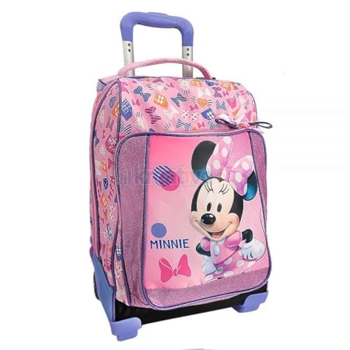 PRESTIGE & DELUXE Rucksack Trolley Minnie Maus 2 Fächer mit Reißverschluss, gepolsterte Schultergurte, für Mädchen, Grund- und Mittelschule + Schlüsselanhänger mit Pailletten und 7 mehrfarbigen von PRESTIGE & DELUXE